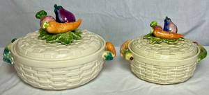 Vintage Fitz and Floyd Basket Weave Ironstone 1 Qt Kitchen Harvest Covered Dish and 2qt Kitchen Harvest Covered Dish