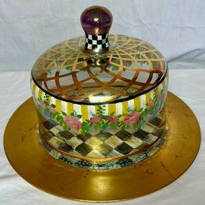 MacKenzie Childs Courtly Check Circus Glass Hand Painted Cake Dome with Wooden Charger