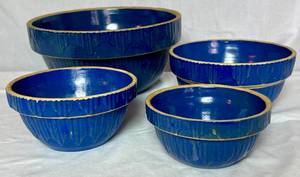 Vintage Ruckels Blue Stoneware Mixing Bowls - Set of 4