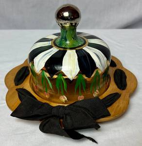 MacKenzie Childs Retired Hand Painted Cheese Dome with Insert Wooden Tray