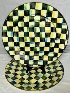 MacKenzie Childs 16 Round 1995 Aurora New York Camp Platter Courtly Check Enamel -set of 2