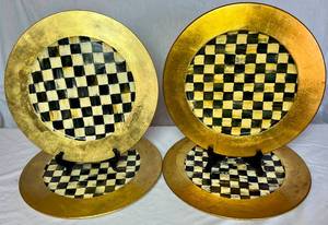 MacKenzie Childs 1983 Gold Leaf Courtly Check Wooden Hand Painted 14 Round Chargers - set of 4