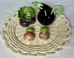 Fitz and Floyd 2 Cup Eggplant Pitcher, Radish Salt & Pepper Set, Small Turnip Vase 3.25 and Basket Weave Platter