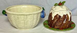 Fitz and Floyd Plum Pudding 1993 Small Cookie Jar and Fitz and Floyd Salad Bowl with Eggplant Handles 2.5 Qt.