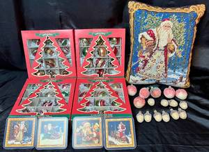Christopher Radko Christmas Bundle - 2012 Christopher Radko Presents Shiny Bright Glass Ornaments, Strawberries and Acorns Ornaments, Four Santas Coasters and Needlepoint St Nicholas Pillow
