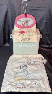 Restoration Hardware Laundry Enamel Dry Soap Container with Cup and Vintage Embroidered Clothespin Hanger & Laundry Bag