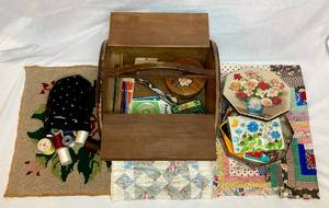 Vintage Two Door Wooden Sewing Box, Sewing Supplies and Unfinished Projects