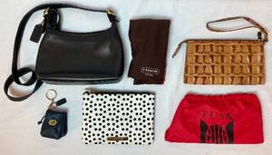 Vintage Black Leather Coach Purse & Coach Mini Key Chain Bag , Tusk WristletClutch and Tartan & Twine Cosmetic Bag
