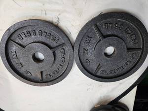 lot 22 image: Lot of Two 35LB 2-inch Gold GYM Weight Plates ( Used)