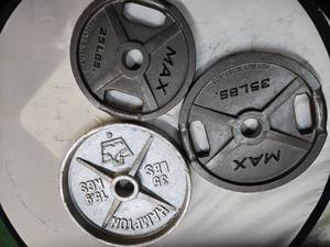 lot 23 image: Lot of 3 different weight Plates One 35LB Hampton 2-inch weight Plate One 35LB MAX 2-inch Weight Plate and one 25LB MAX Metal weight plate