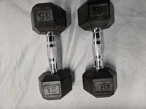 lot 27 image: Lot of two 15Lb Rubber Hex Dumbbells (Used)