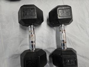 lot 29 image: Lot of two 25Lb Rubber Hex Dumbbells ( Used)