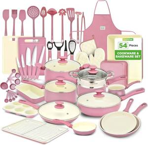 lot 13 image: NutriChef 54 Piece Kitchen Cookware Set (Blush Pink)