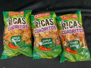 lot 26 image: PP - 3 Bags of Cazador de Oro Los Ricas Cuadritos Chile Limn Snacks