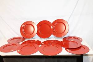 lot 7 image: Set of 12 Decorative Red Metal Charger Plates by JCPenney