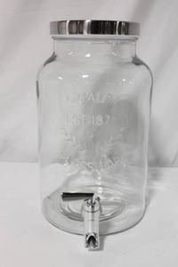 lot 29 image: Vintage Glass Beverage Dispenser with Stainless Steel Lid and Spigot