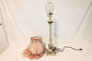 lot 35 image: Antique Table Lamp with Pink Fringe Shade