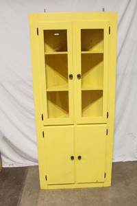 lot 42 image: Vintage Yellow Wooden Cabinet with Glass Doors and Adjustable Shelves