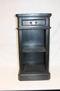 lot 53 image: Vintage Black Wooden Nightstand with Drawer and Open Shelf