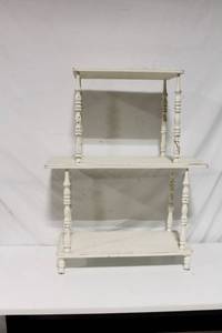 lot 54 image: Vintage White Wooden Tiered Display Shelf with Spindle Legs