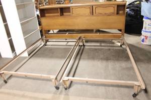 lot 78 image: Vintage Wooden Headboard and Bed Frame with Casters