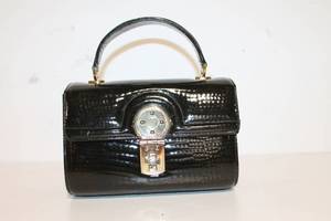 lot 90 image: Vintage Black Croc-Embossed Handbag with Gold Hardware