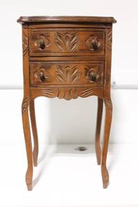 lot 114 image: Vintage Two-Drawer Accent Table with Carved Floral Design