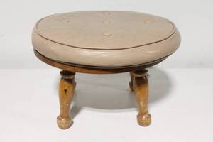 lot 120 image: Vintage Round Upholstered Footstool with Wooden Legs