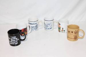 lot 157 image: Collection of 6 Vintage Themed Coffee Mugs - Jamaica & Fun Quotes