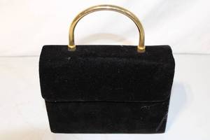 lot 196 image: Vintage Black Suede Handbag with Gold Tone Handle