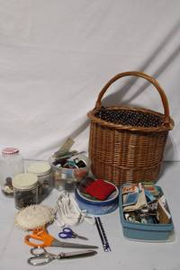lot 202 image: Vintage Sewing Supplies Collection with Wicker Basket