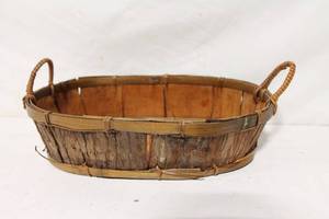 lot 203 image: Vintage Handcrafted Wooden Basket with Handles