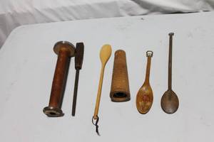 lot 235 image: Collection of Vintage Wooden and Wooden-Handled Kitchen Utensils