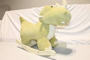 lot 238 image: Vintage Plush Rocking Dinosaur Toy - Soft Yellow Triceratops