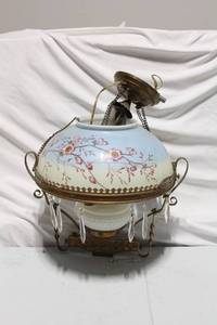 lot 245 image: Vintage Ornate Electric Hanging Lamp with Floral Design and Crystal Accents