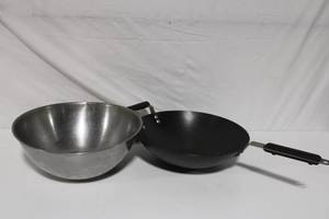 lot 268 image: Set of 2 Cooking Utensils Aluminum Mixing Bowl and Black Wok