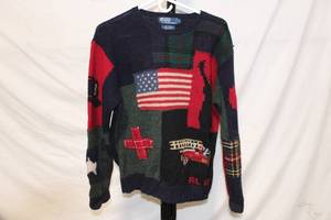 lot 287 image: Polo Ralph Lauren Hand-Knit Wool Sweater with Flag and Patchwork Design - Size M