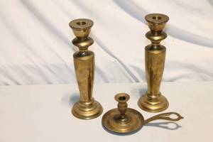lot 305 image: Set of 3 Vintage Brass Candle Holders