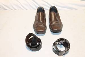 lot 331 image: Pair of Dockers Brown Slip-On Dress Shoes Size 9.5M with Two Leather Belts