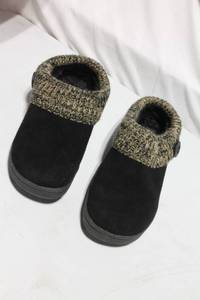 lot 359 image: Womens Black Suede Slippers with Knit Cuff and Button Detail - Size 7