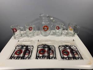 lot 10 image: A&W Root Beer Glass Pitcher and Mug Collection with A&W Plastic Bags