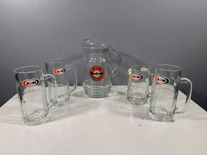 lot 12 image: Set of 4 A&W Root Beer Glasses and Pitcher - Vintage Barware