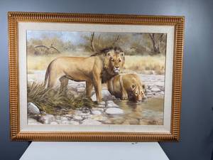 lot 18 image: Framed Lion Artwork by Thomas Hacking - Wildlife Scene Painting