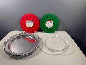 lot 32 image: Set of 2 Pie Top Cutters and Glass Baking Dish with Silver Platter