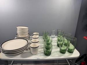 lot 38 image: Complete Dinnerware Set with Plates, Bowls, Mugs, and Glasses