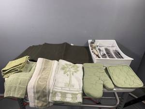 lot 40 image: Kitchen Textile and Utensil Set - Green and Natural Colors