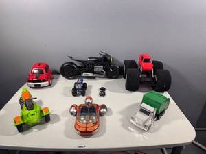 lot 55 image: Collection of 8 Vintage Toy Vehicles including Cars, Truck, and Motorcycle