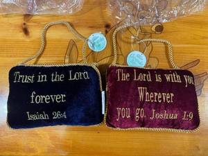lot 75 image: Pair of Decorative Plush Cushions with Bible Verse References