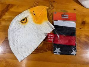 lot 86 image: Lot of 3 Items Eagle Mask, Red Line Flag 3 x 5, Keep America Great Shot Glass