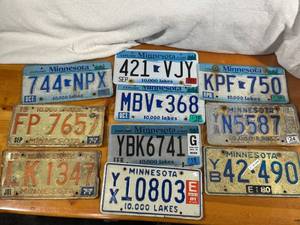 lot 98 image: Lot of 10 Vintage Minnesota License Plates from 1970s and 1980s